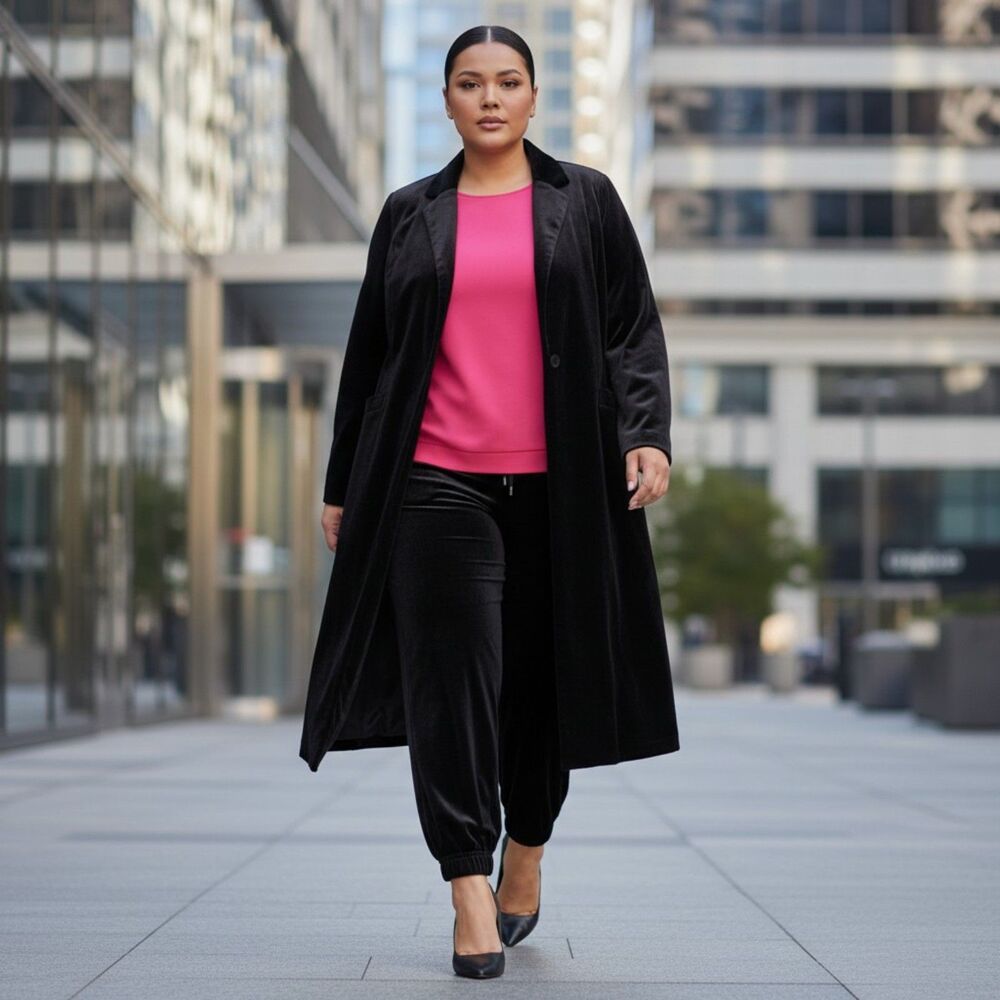 SKIES ARE BLUE ~ Plush Velvet Duster Coat and Jeggings - BLACK! NWT! Size 2X - Picture 2 of 15